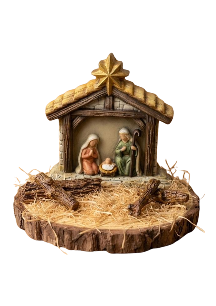 Pesebre XIX - Maqueta Escultórica Cabaña Navideña sobre Rodaja de Madera