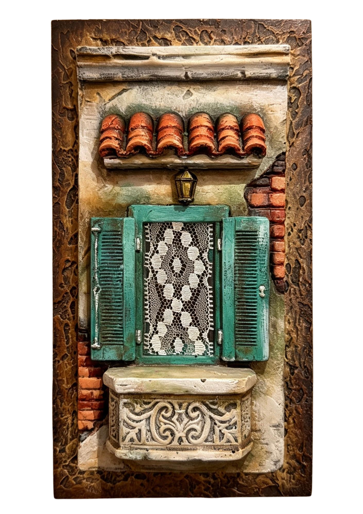 Colgante 77 - Ventana Rústica con Balcón y Cortina de Encaje