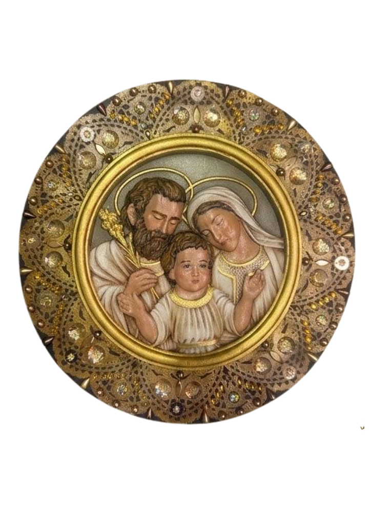 Jesús, María y José XIX - Cuadro Circular Artesanal con Encaje y Pedrería