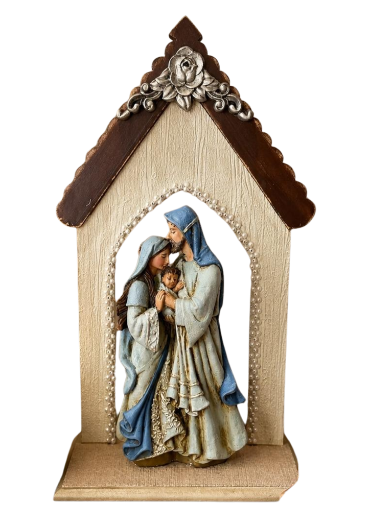 Pesebre XX - Retablo Rústico en Forma de Casa con Aplique Floral