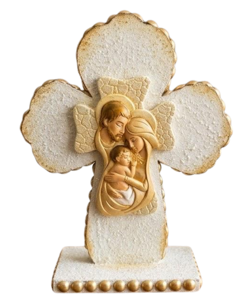 Jesús, María y José XXI - Cruz Escultórica con Medallón Familiar en Relieve