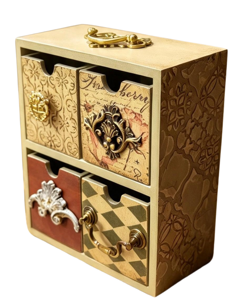 Caja V - Alhajero de 4 Cajones con Herrajes y Textura