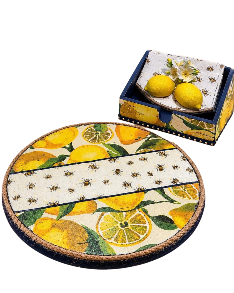 "Limones & Abejas" - Set de Plato Giratorio y Servilletero a Juego