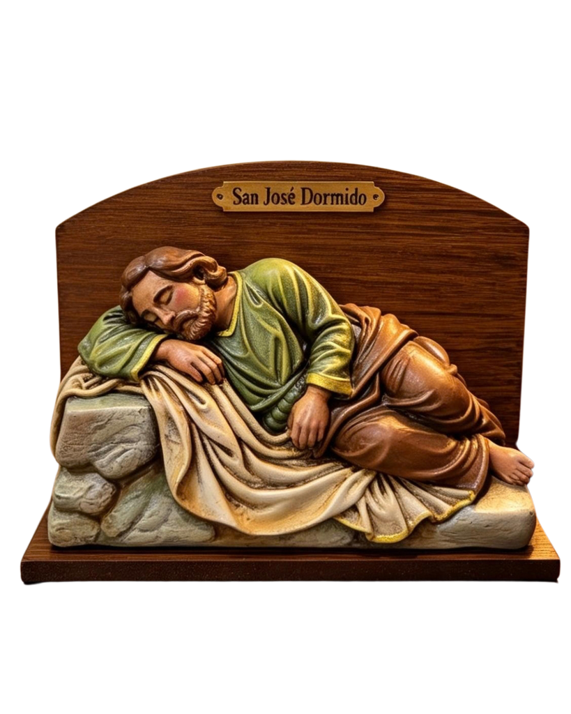 San José dormido III - Adorno de Sobremesa con Placa Grabada y Fondo Amaderado